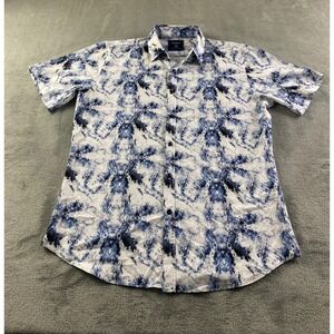 Monument Mens Blue White Abstract Marble Print Short Sleeve Button Up‎ Shirt M